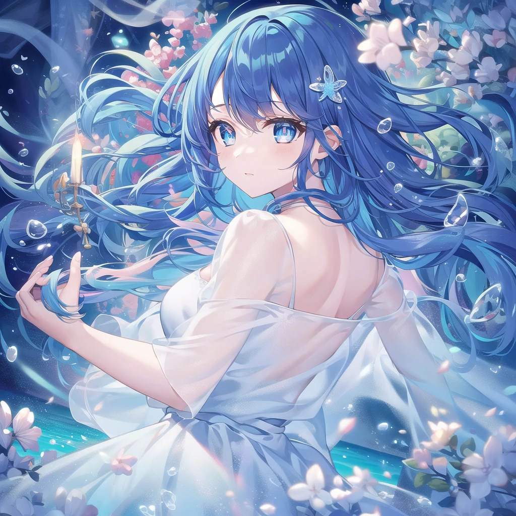((masterpiece, best quality))++, Detailed lighting+, Detailed hair+, Detail hand+ ,1 girl, Miss, Long hair, Crimson eyes, beautiful eyes, Young blue-haired,,(beautiful blue hair:1.5),(Beautiful and delicate eyes), high resolution+,glass tint, Reflective eyes, {{angle}} , Very detailed wallpaper, The original, Air bangs,Extremely beautiful CG,Firefly,Nature,ocean