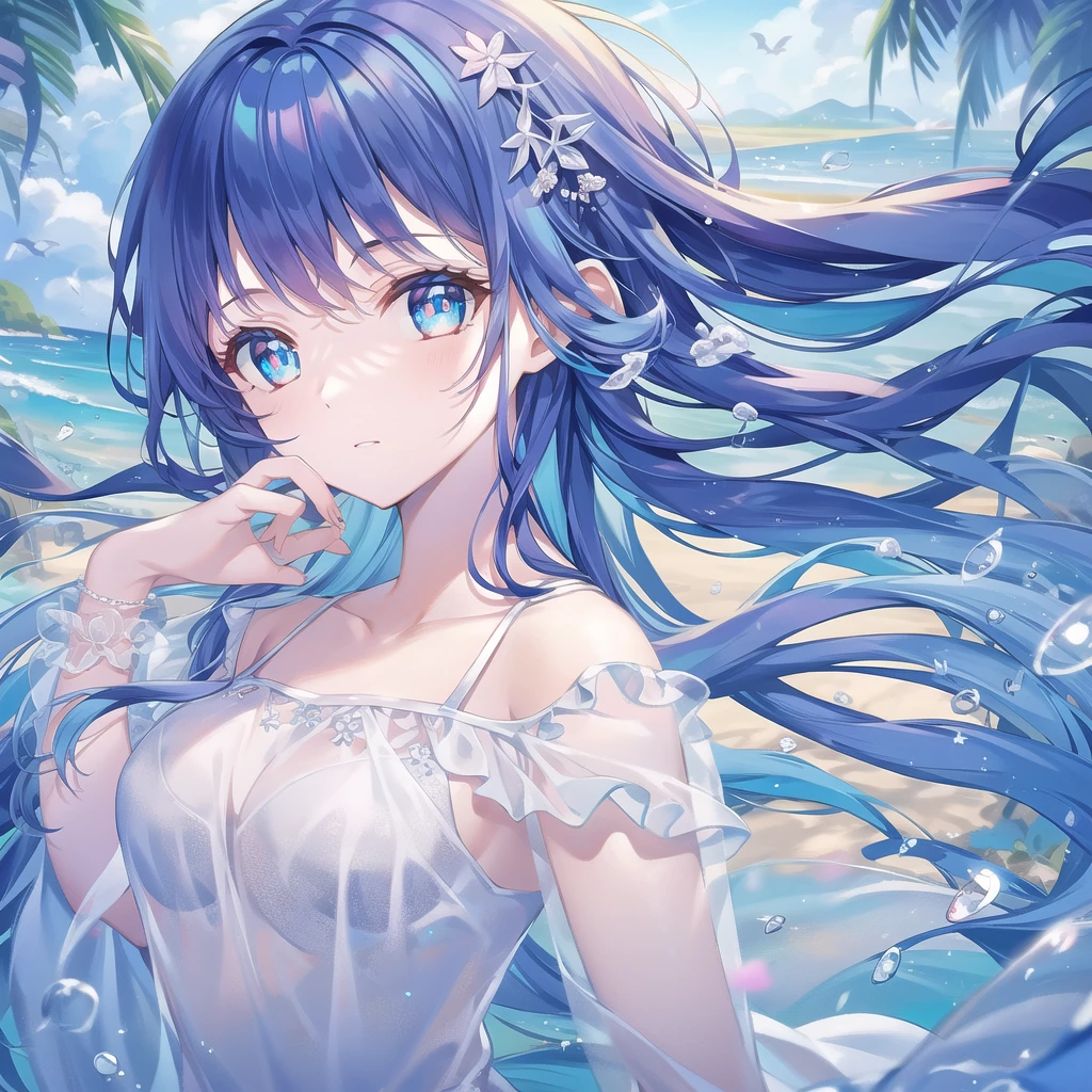 ((masterpiece, best quality))++, Detailed lighting+, Detailed hair+, Detail hand+ ,1 girl, Miss, Long hair, Crimson eyes, beautiful eyes, Young blue-haired,,(beautiful blue hair:1.5),(Beautiful and delicate eyes), high resolution+,glass tint, Reflective eyes, {{angle}} , Very detailed wallpaper, The original, Air bangs,Extremely beautiful CG,Firefly,Nature,ocean