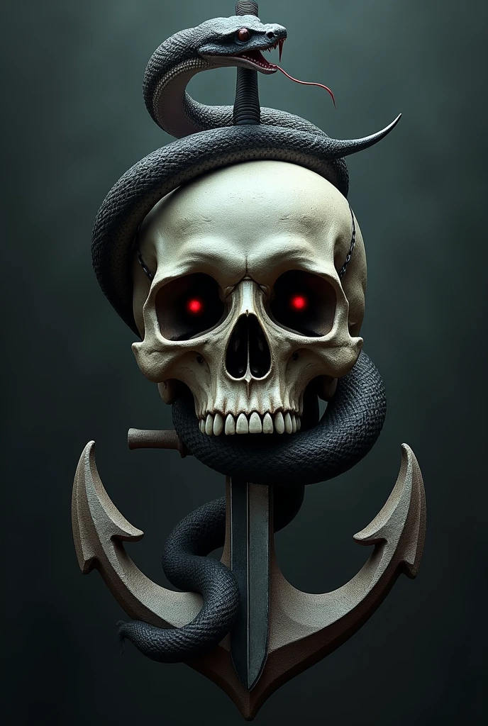 a skull head, on top of a ship's anchor.There is a completely white viper with red eyes and a completely black and red one. a knife stuck in the top of the skull. Everything very dark and scary. the snakes come out of the eye socket of the skull. they go around the anchor going up and entering under the skull. they come out through the eye holes, completing its turns in the sheath of the military knife. The black snake is lunging with its fangs towards the observer, while the white one is just looking, with the pupil frighteningly red. The skull's eyes are dark.. the black cobra head lunging appearing also. the knife stuck in the upper bone of the skull going through