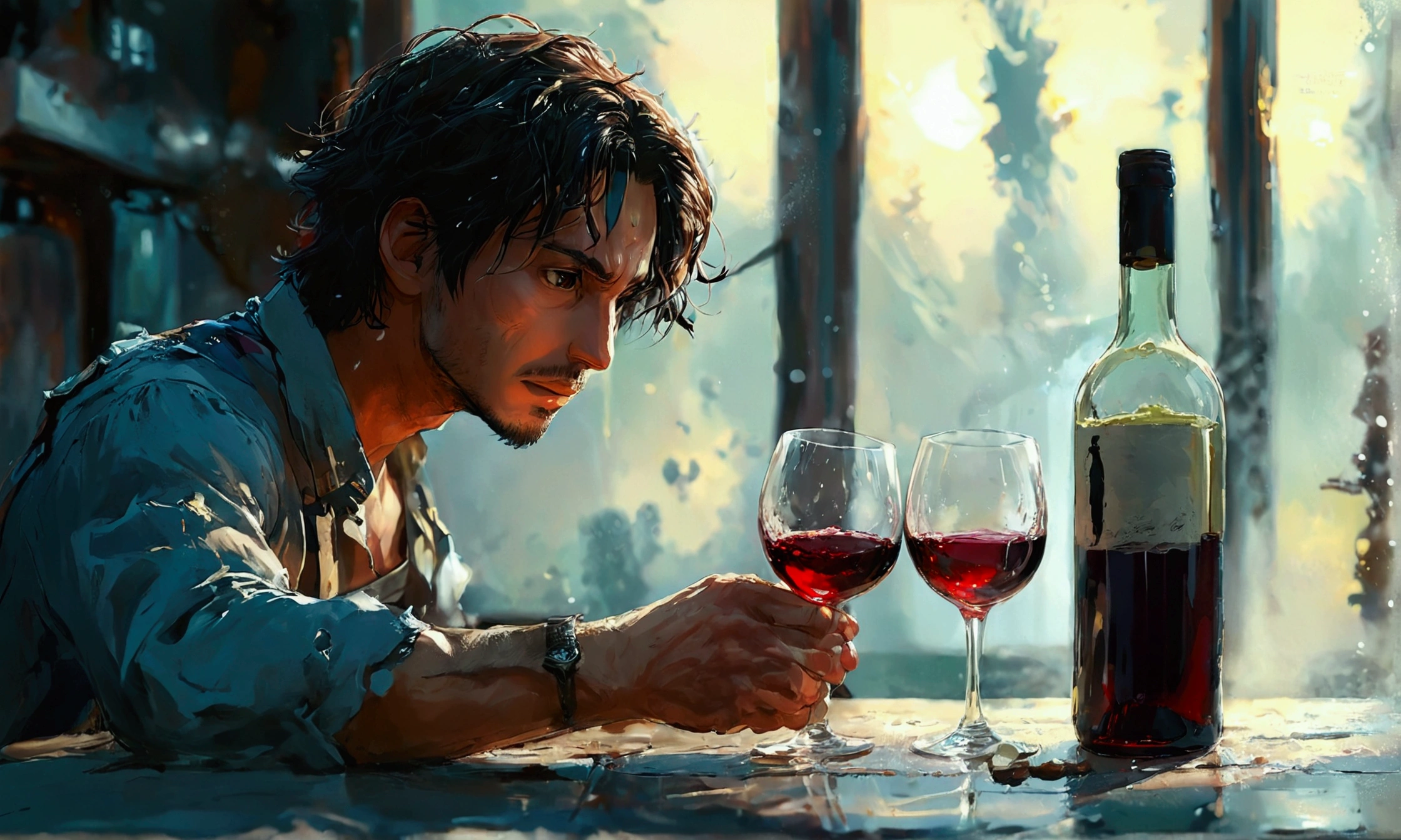 A MAN POURING WINE FROM A BOTTLE INTO TWO GOWLS,manga style,manga style art,manga style art,manga style art,manga style