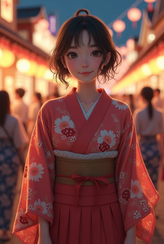 A very cute face like an idol、A 20-year-old woman who looks young、Smiling Kindly、Wearing a yukata、Cleavage、night、Walking through a Japanese festival、Natural light、whole body、High level of artistry