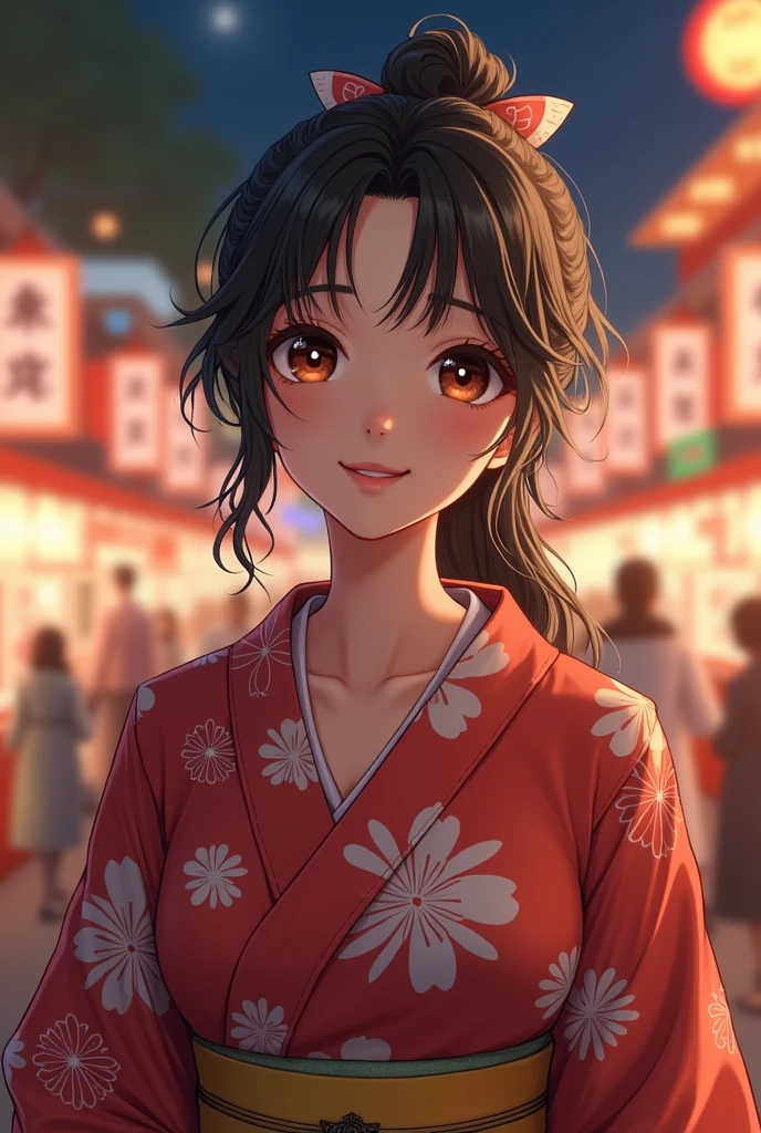 A very cute face like an idol、A 20-year-old woman who looks young、Smiling Kindly、Wearing a yukata、Cleavage、night、Walking through a Japanese festival、Natural light、whole body、High level of artistry