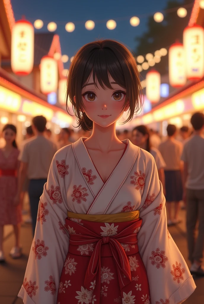 A very cute face like an idol、A 20-year-old woman who looks young、Smiling Kindly、Wearing a yukata、Cleavage、night、Walking through a Japanese festival、Natural light、whole body、High level of artistry