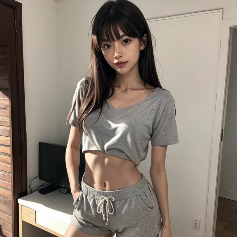 Masterpiece、8k、Very realistic、Japanese、One person、woman、Skinny athletic model body、Flat Chest、tall、Description：whole body、50 years old、(Hairstyle：Bangs(1.6))、At home, in the room、The best smile、clothing：whiteＴWearing a shirt(1.6)、Wearing grey shorts、Sweaty、Wet、No makeup、