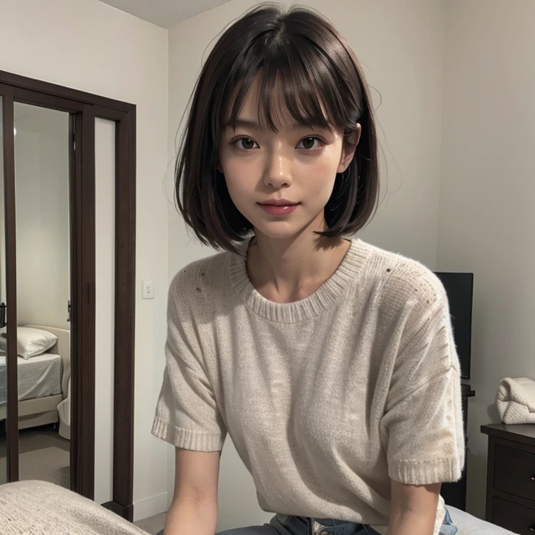 Masterpiece、8k、Very realistic、Japanese、One person、woman、Skinny athletic model body、Flat Chest、tall、Description：whole body、50 years old、(Hairstyle：Bangs(1.6))、At home, in the room、The best smile、clothing：whiteＴWearing a shirt(1.6)、Wearing grey shorts、Sweaty、Wet、No makeup、