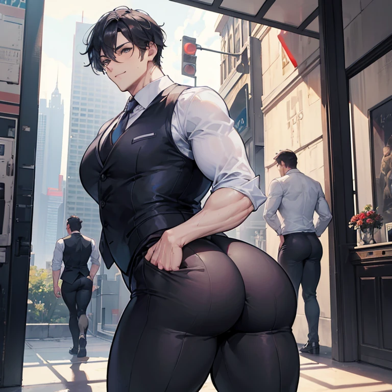 One Man, muscular, jocks, athletic, ginger, wearing suit vest clothes, big butt, huge ass, comically massive ass, bubblebutt, thick, thicc, thick ass, thick legs, thick thighs, huge butt cheeks, ass huge, showing butt to camera, smiling, looking back at camera, big booty, man booty, men with huge butts, men in suit vest clothes, showing off ass, absolutely massive butt, enormous ass cheeks in suit vest pants, full ass, wide ass, round ass, tight suit vest pants, abnormally huge butt, unrealistically massive ass, Giant butt cheeks, giant butt, giant ass, dark dress pants, button down shirt, men, bodyguard, suit vest black, gay, black hair, fight some thiefs,suit vest black, night, man or boy, naked, alone, shift night, no girls
