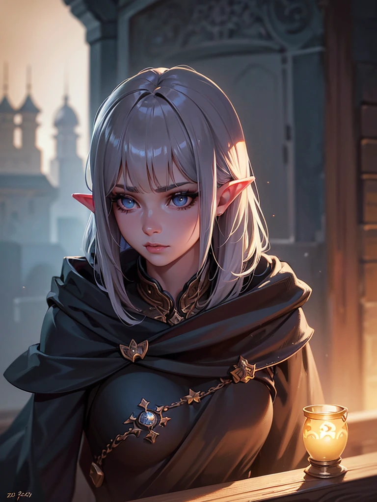 beautiful detailed eyes, beautiful detailed lips, extremely detailed eyes and face, long eyelashes, 1girl, sorceress elf, olive skin, brown eyes, short white hair, wearing dark cloak, ambitious, unfriendly, frown, (best quality,4k,8k,highres,masterpiece:1.2),ultra-detailed,(realistic,photorealistic,photo-realistic:1.37),concept art, dramatic lighting, cinematic, moody colors, dark fantasy, magic