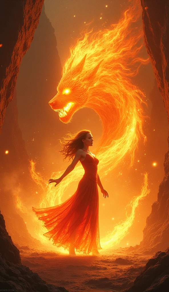 *In the heart of a volcanic cavern, the air is thick with heat and swirling ash. The Ember Incarnation, a formidable female embodiment of fire, stands with a commanding presence. Her body is a dazzling display of shifting flames in hues of red, orange, and yellow, her hair flowing like molten lava. Her eyes, twin orbs of white-hot light, focus intently as she prepares for a powerful summoning.
With a wave of her hand, she channels her fiery energy, creating a vortex of flames that dances around her. The air crackles with intense heat, and the ground beneath her shimmers with the power of her magic. From this vortex, the Guardian of Fire emerges—a majestic figure composed of pure, radiant flames. The Guardian’s form is dynamic and ever-shifting, embodying the essence of fire with a fierce and uncontainable energy. As he materializes, his presence is both awe-inspiring and terrifying, ready to serve under the Ember Incarnation's command.*