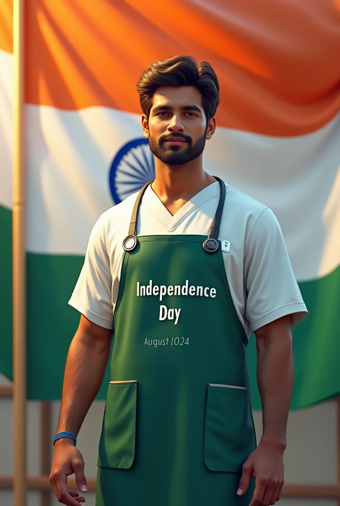 Independence Day 15th August 2024 is written on big flag of Bharat and a 30-year-old doctor boy is standing in front of him wearing apran , with name “Dr.Goveen” written on t apran, and holding the bharat flag in his hand, 3D art painting metallic high quality photo