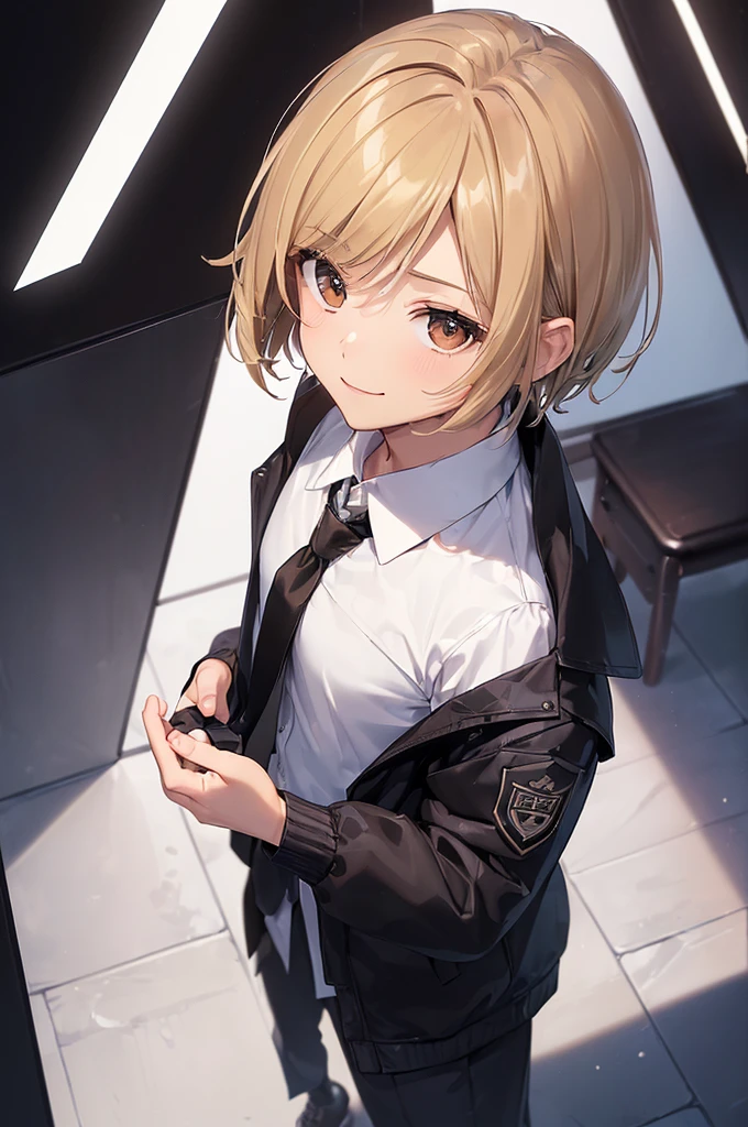 (((masterpiece; best quality: 1.2))), (finely detailed eyes: 1.3), ((1 male teen)), ((solo)), (brown eyes: 1.4), (body shape; lean, masculine, manly: 1.3), (very short blond hair: 1.3), (clear background: 1.2), ((depth of field)), (equipment: school uniform + black jacket + black necktie + white shirt: 1.3), (anime illustration: 1.2), (background composition; japanese highschool classroom + furniture: 1.1), (extremely handsome: 1.1), (shot composition; standing + centered on face + medium-shot close-up: 1.5), (facial expression; calm + smile: 1.2)