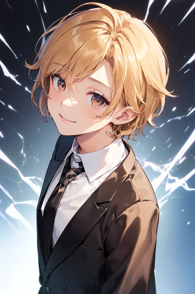 (((masterpiece; best quality: 1.2))), (finely detailed eyes: 1.3), ((1 male teen)), ((solo)), (brown eyes: 1.4), (body shape; lean, masculine, manly: 1.3), (very short blond hair: 1.3), (clear background: 1.2), ((depth of field)), (equipment: school uniform + black jacket + black necktie + white shirt: 1.3), (anime illustration: 1.2), (background composition; japanese highschool classroom + furniture: 1.1), (extremely handsome: 1.1), (shot composition; standing + centered on face + medium-shot close-up: 1.5), (facial expression; calm + smile: 1.2)