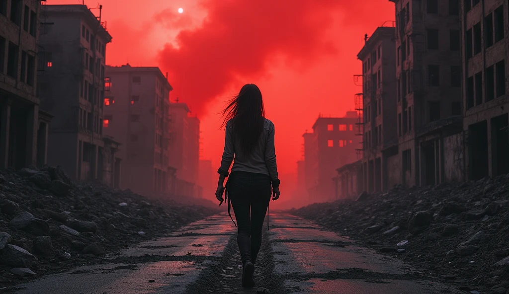 Woman, walking on a desolate street, destroyed buildings, dark, red fog behind her, moonlit night, dirty and torn clothes