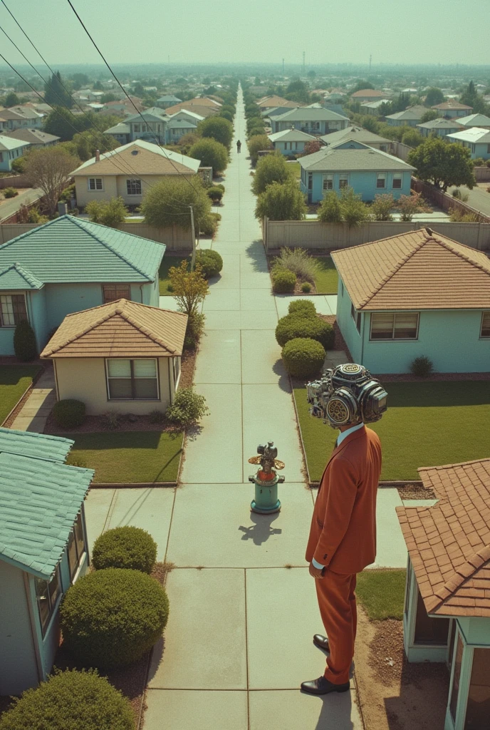 a town with people with gear head, 1960s neighborhood, pastel colors, surreal atmosphere, dreamcore, raw photo, film grain, aerial shot, shot using 1960s camera