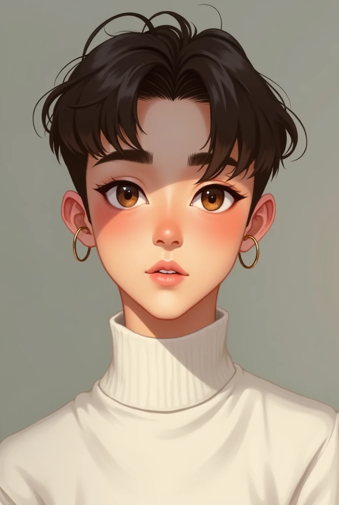 A young man of , with brown short hair, cute face, boxy face, and brown eyes, wearing white turtleneck, with hoop earring.