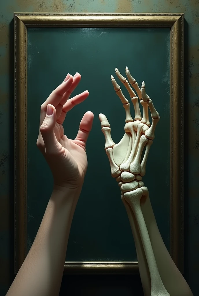 A normal hand facing another skeletal hand in a mirror 