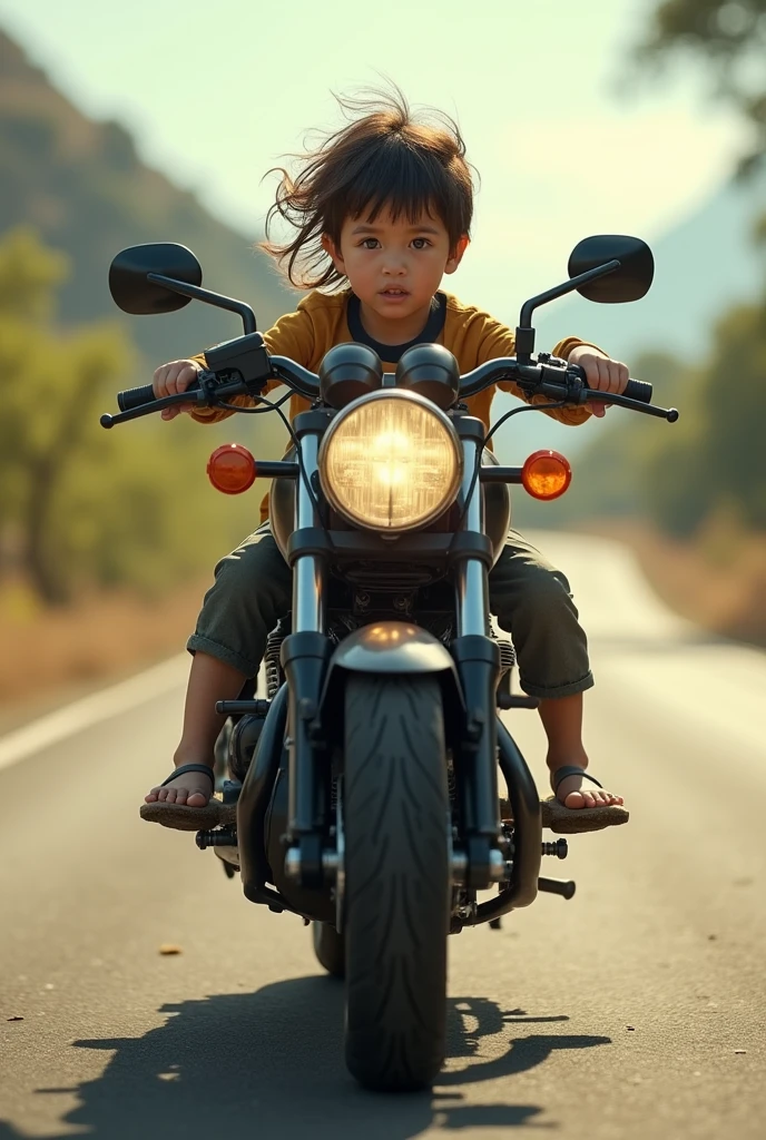 A young boy wearing a helmet rides a Honda CB 160 R bike on the road in Sajek Valley, Bangladesh