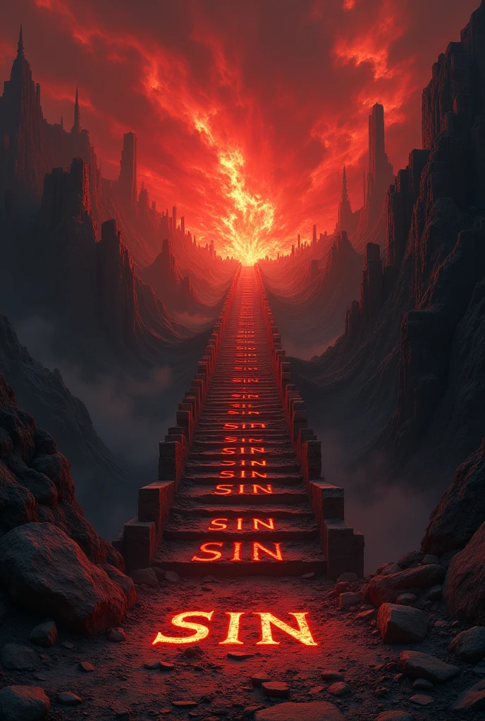 "A dark and foreboding scene with countless stairs winding upward, each step engraved with the word 'SIN' in haunting, fiery letters. The stairs lead to a place engulfed in flames, where destruction and chaos reign. The environment is filled with the echoes of screams, and the air is thick with sorrow and despair. Everywhere there are signs of devastation: broken structures, shattered ground, and ominous red skies filled with dark, swirling clouds. The atmosphere feels oppressive and suffocating, as if it’s a gateway to hell itself."
