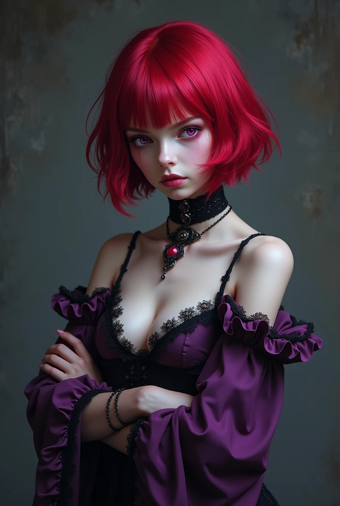 19-year-old girl with pale white skin, bright blood red short hair, With Nordic features
, pink eyes, cold and indifferent And boring, look, wearing a purple gothic short dress,Crossing arms