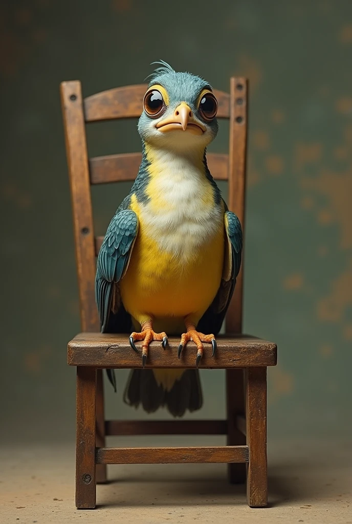 A Inhambu-chororó bird sitting on a wooden chair as if it were a woman