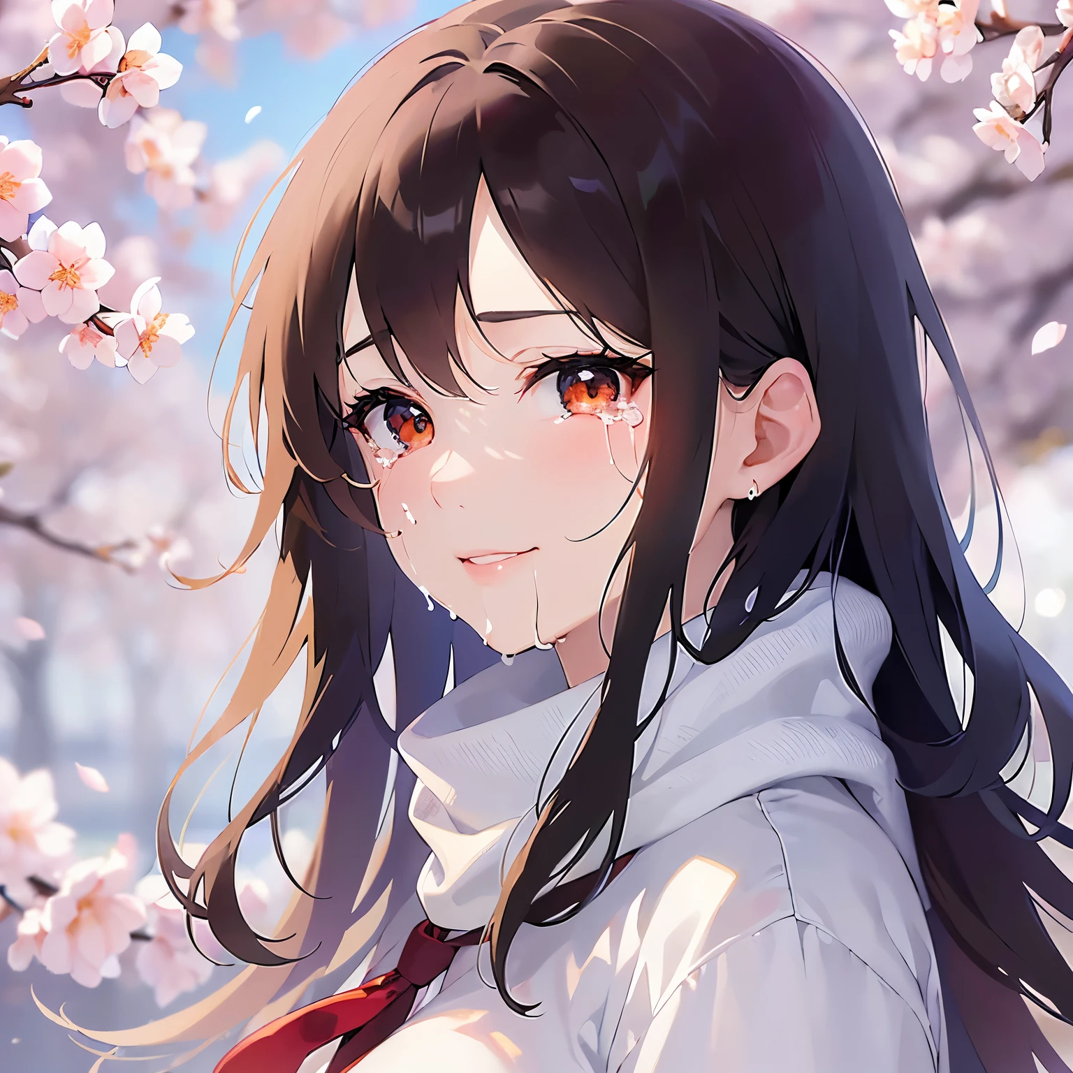 (looking at viewer:1.5)Upper Body,Side shot、
Realistic, real person, (pale skin: 1.2), RAW photo, photorealistic, shiny skin, shiny hair、
(A 25-year-old woman with medium-length hair and bangs) and (wavy hair) and (brown hair) and (orange eyes),
sailor suit, dark blue collar, white shirts,red ribbon, BREAK white Scarf BREAK、
(tearful:1.4),smile,The background is school、cherry blossoms、(alone:1.5)