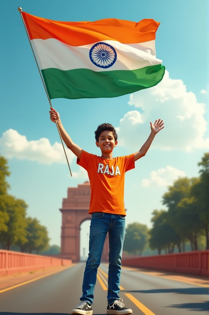 A real 20 years old boy, Wearing Orange T shirt blue jeans sneakers and the name “RAJA” is written on his t-shirt and the boy is standing on the road with holding a national flag of India, and behind him is the Red Fort Delhi. And written on sky “Independence Day” Create Realistic image high quality