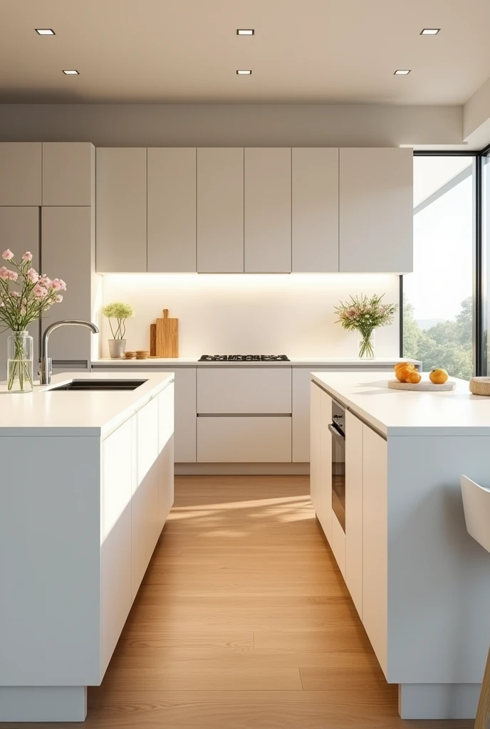 Could you provide me with images of a modern kitchen from different angles?, with wooden floor, only two tables in parallel, light-colored melamine furniture with a transparent door between the side area of one side of the tables.