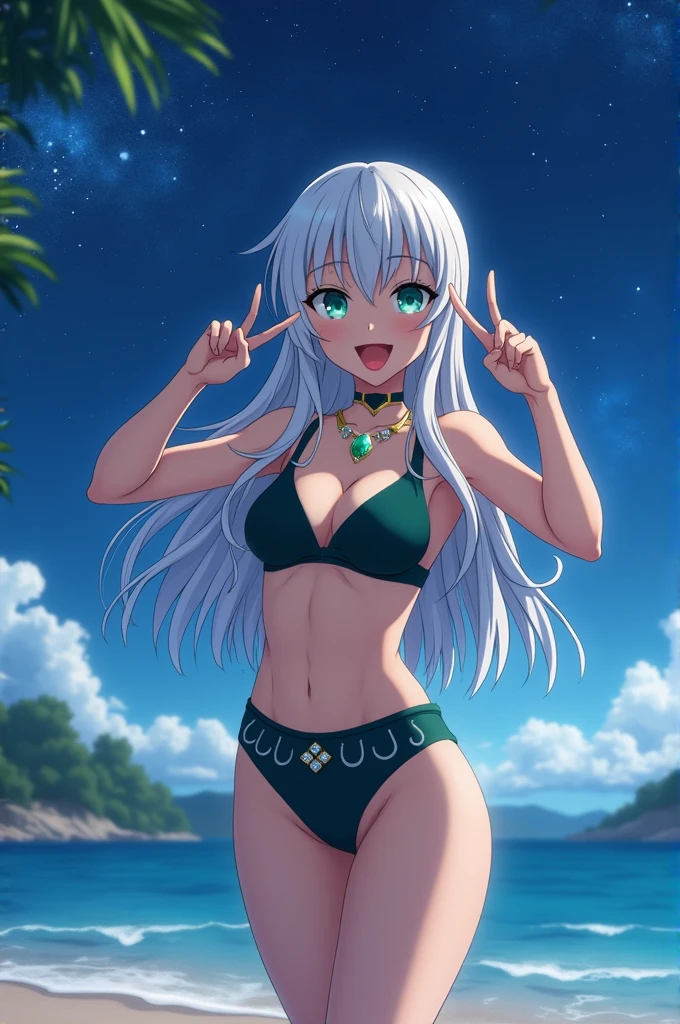 screenshot of boku no hero academia anime long shot clear-skinned woman, teenager 15 years old, long white light and wavy hair, piercing turquoise eyes, beautiful and attractive, high, good body, dark green two-piece swimsuit with crystal details, emerald necklace, gold heels, stick out your tongue, make the peace sign, night beach full of stars 