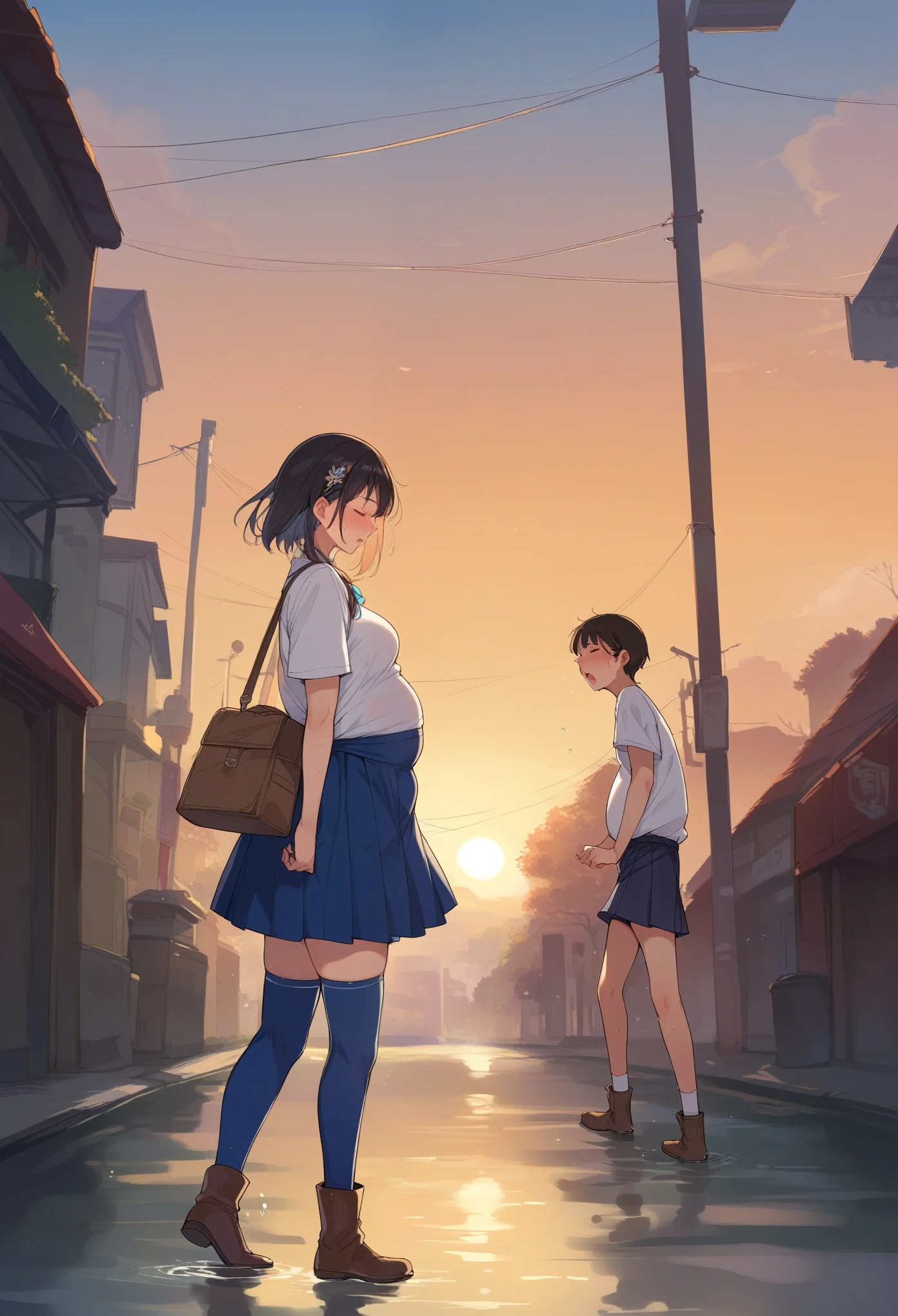 score_9, score_8_up, score_7_up, uncensored, source_anime, 1 woman, saggy belly, big belly,  lize1st, hair ornament, skirt, blue thighhighs, lace-up boots, waddling, walking with trouble, (tense emotions:1.1), sweat, tired, eyes closed, gasp, from side, street, sunset, light shaft/luttony woman huge huge xxxxl size belly
