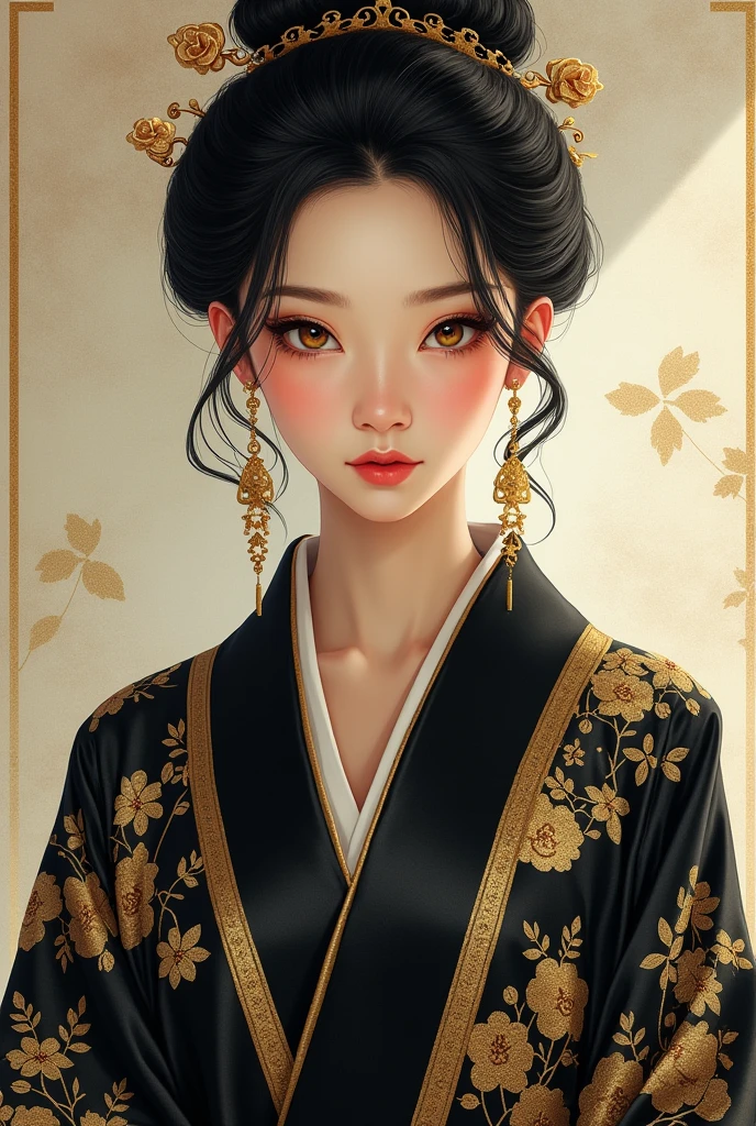 Gorgeous red、Wearing a black kimono、With gold embroidery。A beautiful Chinese goddess with alluring eyes.。Japanese painting style。Hide your chest。
beautiful woman painting style like Yasunari Ikenaga。
It's mad without a shadow.。
Realistic。