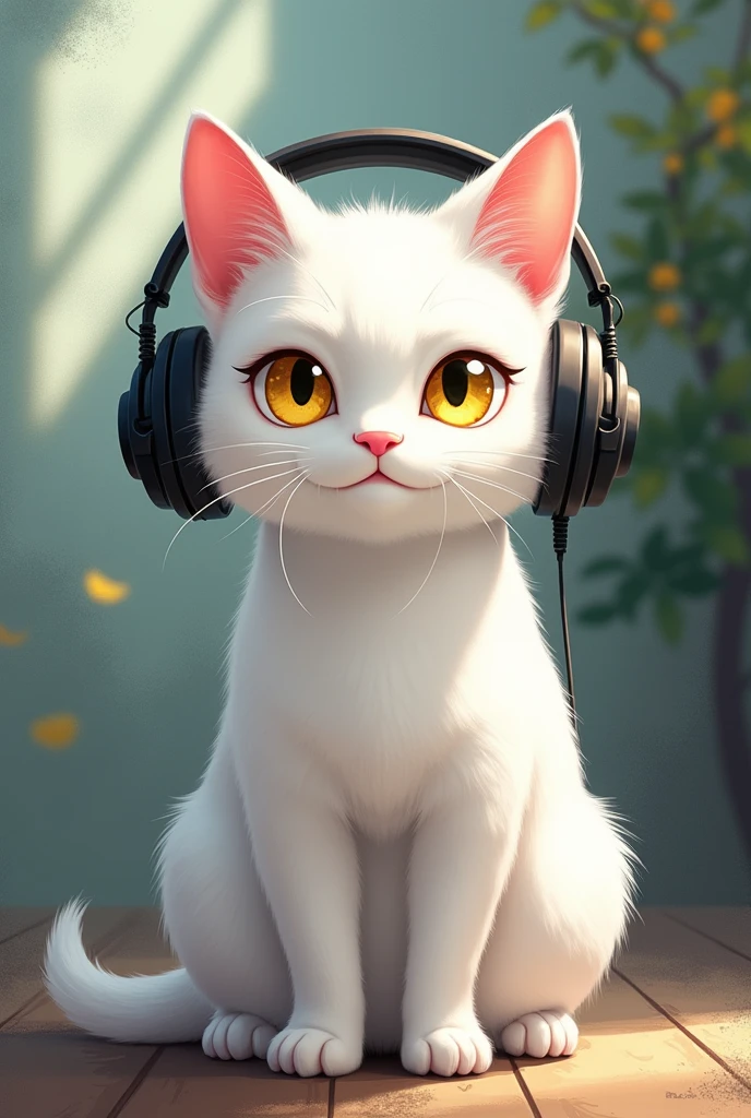 A white cat wearing headphones。The nose is pink。Cool impression。Anime Style。Eye color: yellow。Painterly。Adult cats。