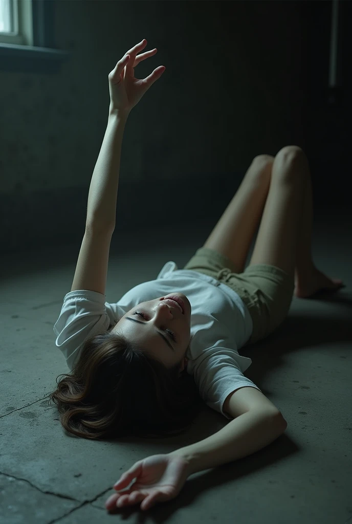 Girls lies down with her arms above her head and writhes in pain