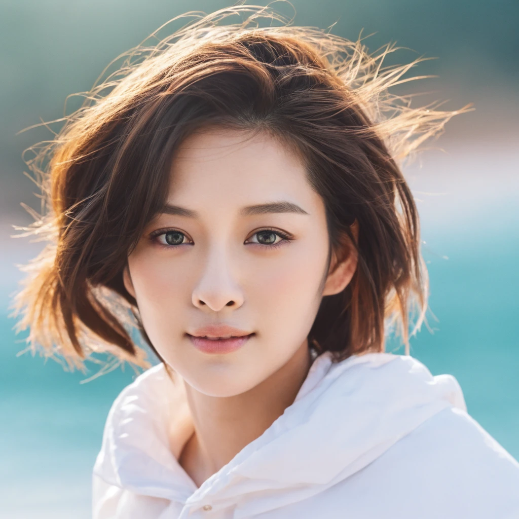 1girl, upper body, Realistic photograph best quality portrait of a beautiful gorgeous young cute Asian woman, 24yo., looking at viewer, detailed face, Realistic texture human skin, bright glowing face, droopy hooded eyes, wavy nose, wind tousled short hair, seaside, (((young Marion Cotillard  blended face mixed with young Anne Hathaway))), wearing white monk clothes, hand up to swing up hair, flirting smiling portrayal, ethereal girl, intimate lighting sturdy, real photo, brown eyes, best quality, masterpiece, Leica SL3, Summicron-SL 75mm ASPH, F/1.8, (cinematic still:1.2), Film Never Die Kiro 400 film, bokeh, rim lighting, silhouette, shallowed depth of field, 