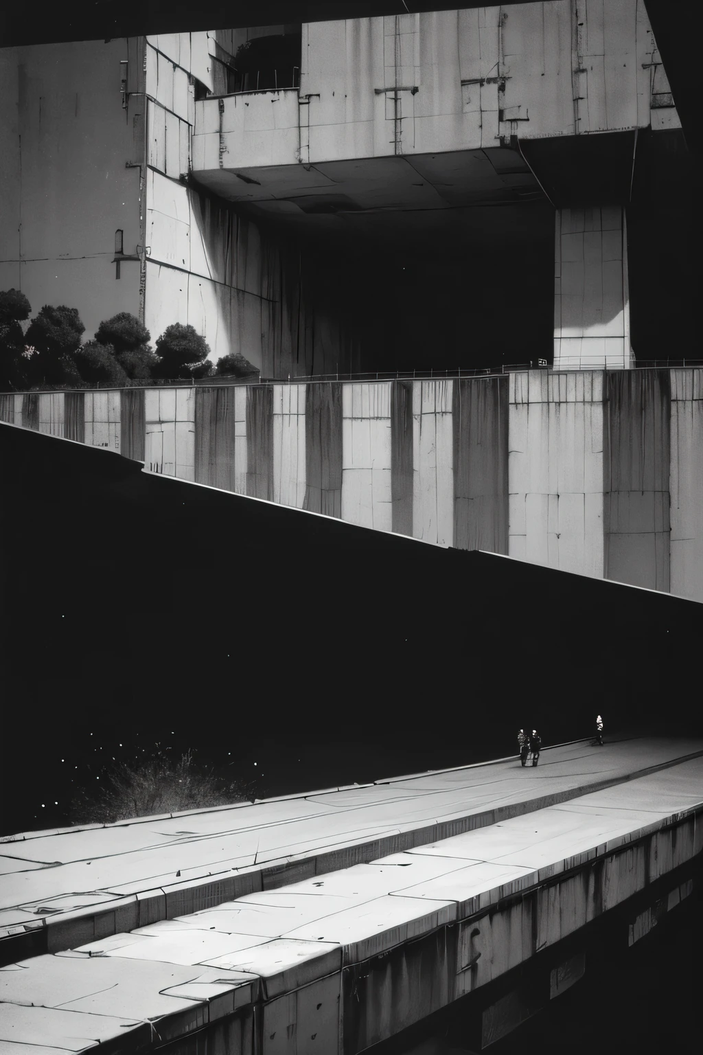 Side view of an imposing giant bridge of brutalist stone going across an imense of darkness, faint rain, black and white, dark background