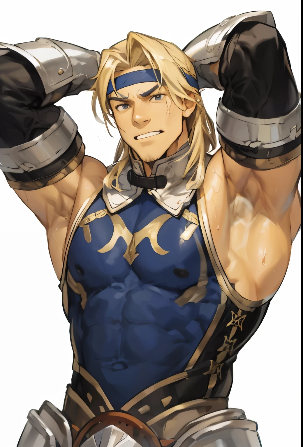 Muscular male, arms behind head, sweat, bara, abs, shirtless, steaming body,