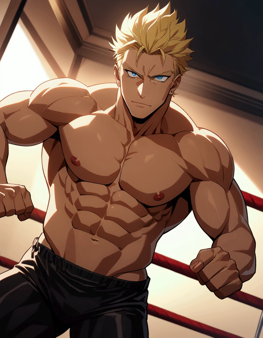 1guy, solid dude, gallant beau, blonde, tsurime, sanpaku, blue eyes, spiked hair, 24yo, heavy weight muscular, handsome wrestler, stocky waist, BREAK ideal ratio body proportions, sharp eyes, beautiful detailed eyes, toned body, elder chinpira, dark pupil, masculine playboy, builtfat, tough caucasian, BREAK solo, topless, black wrestling bikini, nipples, abs, fighting stance, on wrestling ring, detailed background, hollywood action, provocative smile, BREAK upperlegs focus, dramatic expression, 1990s, in capcom art style, in color comic style, in game illustration style, depth of field, dutch angle, cinematic shadows, cinematic lighting, lens flare, light leaks, VHS Quality, texture, absurdres absolutely resolution, extreme all detailed, greatest painting, BREAK masterpiece, best quality, BREAK score_9, score_8_up, score_7_up, source_anime, rating_safe, score_6_up, score_5_up, score_4_up