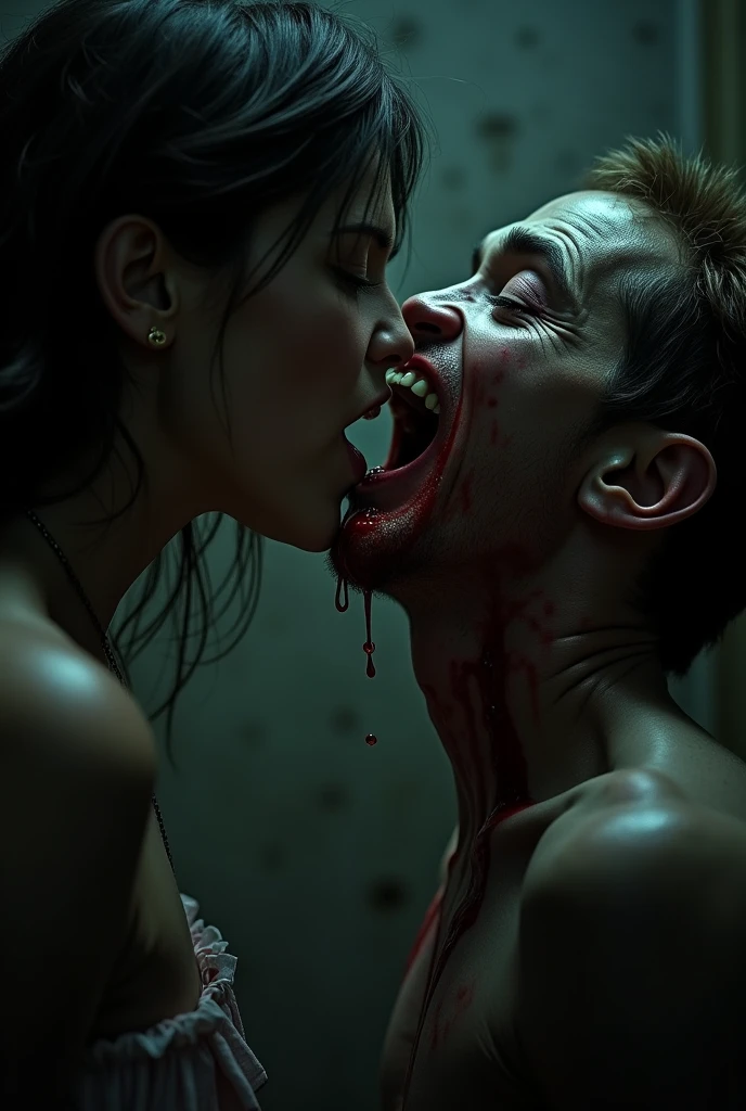 Woman talking into the ear of a crazy man with his mouth open, drooling with joy
