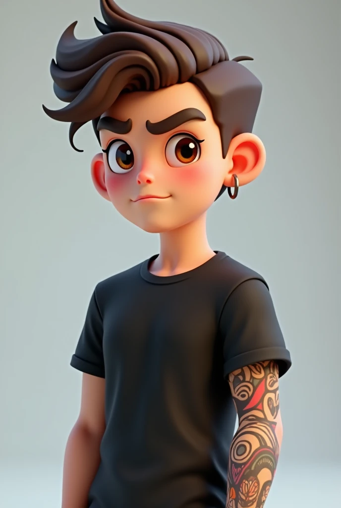 A young man of , with brown short hair, boxy face, and brown eyes, wearing black t-shirt. with tattoo left arm, 3d cartoon, with hoop earring.