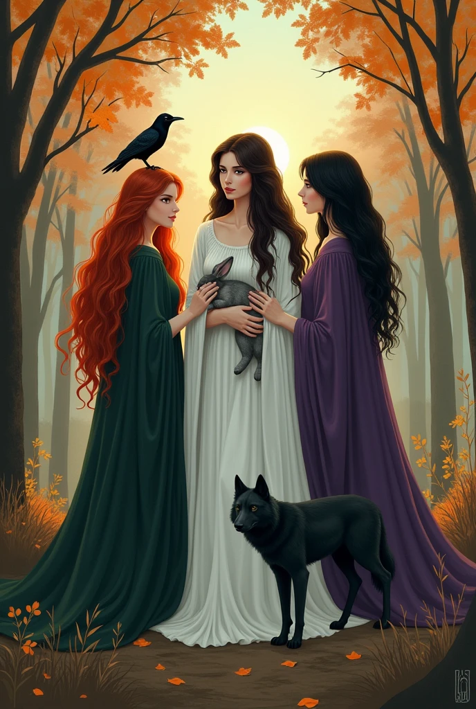 Phone wallpaper, Earthy tones, peaceful. Goddess Freya redhead straight hair dressed in dark green with a raven on her shoulder, 
Also the goddess Kore with long dark brown curly hair dressed in white Kore with a gray and white rabbit in her arms
And Hekate older dressed in purple, wavy black hair and a black wolf at her feet. 2D drawing. Forest background in autumn twilight
