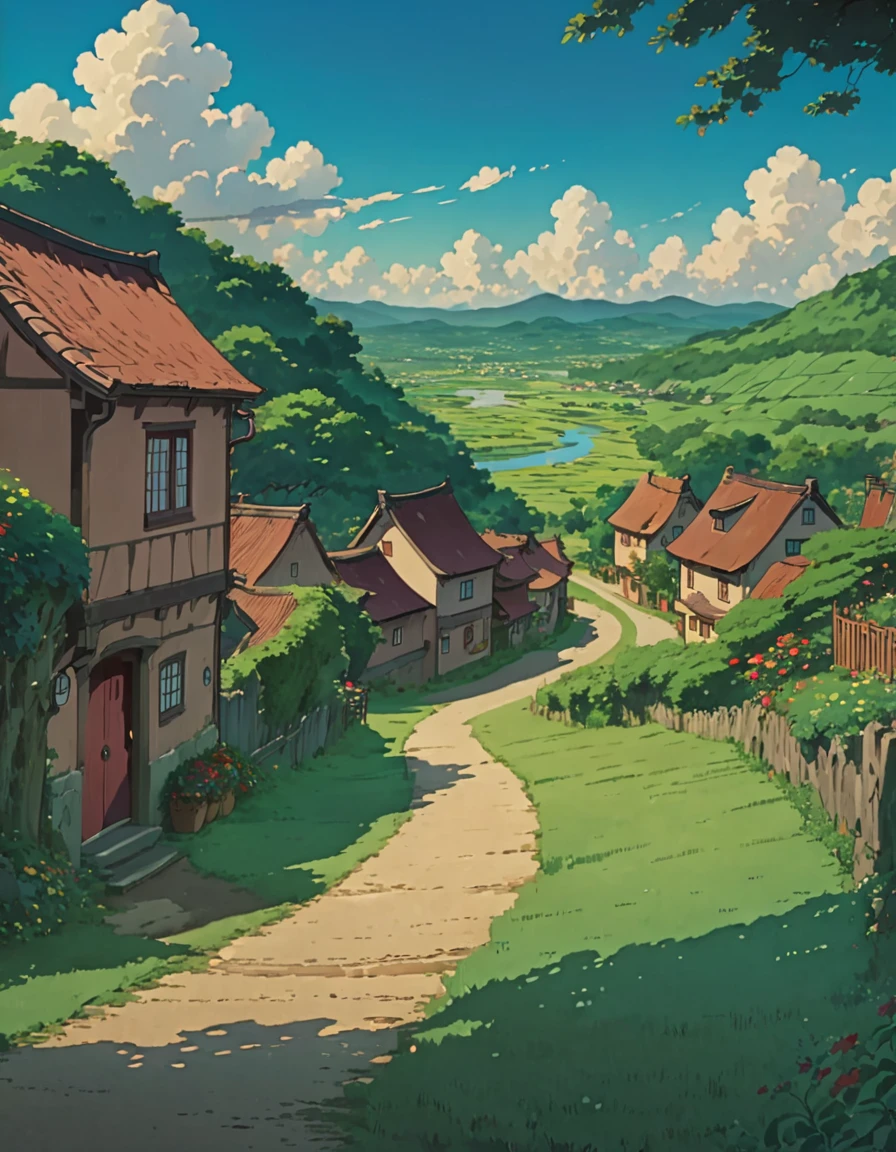 animated landscape with a path leading to a small village, anime countryside landscape, animated landscape, animated landscape wallpaper, beautiful animated landscape, studio ghibli landscape, animated landscape, animated background art, beautiful anime scene, Studio Ghibli Sky, anime beautiful peace scene, landscape artwork, studio ghibli sunlight, animated landscape concept art, detailed landscape: width 672
