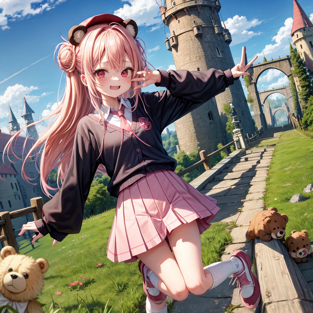 Pink Blonde、Red eyes、Hair tied up、Two cute、Checked mini skirt、black t-shirts、cardigan、Knee-high socks、bear ears baseball cap、Teeth are visible、Monster Castle、Tilting face、crossing the bridge、hazakura、windmill、grass、Stones are growing out of the ground.、impregnable