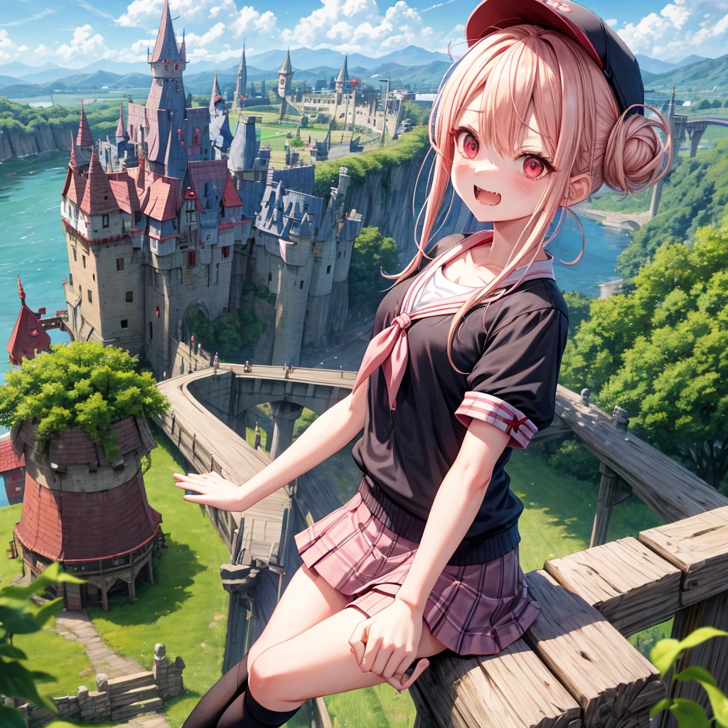 Pink Blonde、Red eyes、Hair tied up、Two cute、Checked mini skirt、black t-shirts、cardigan、Knee-high socks、bear ears baseball cap、Teeth are visible、Monster Castle、Tilting face、crossing the bridge、hazakura、windmill、grass、Stones are growing out of the ground.、impregnable