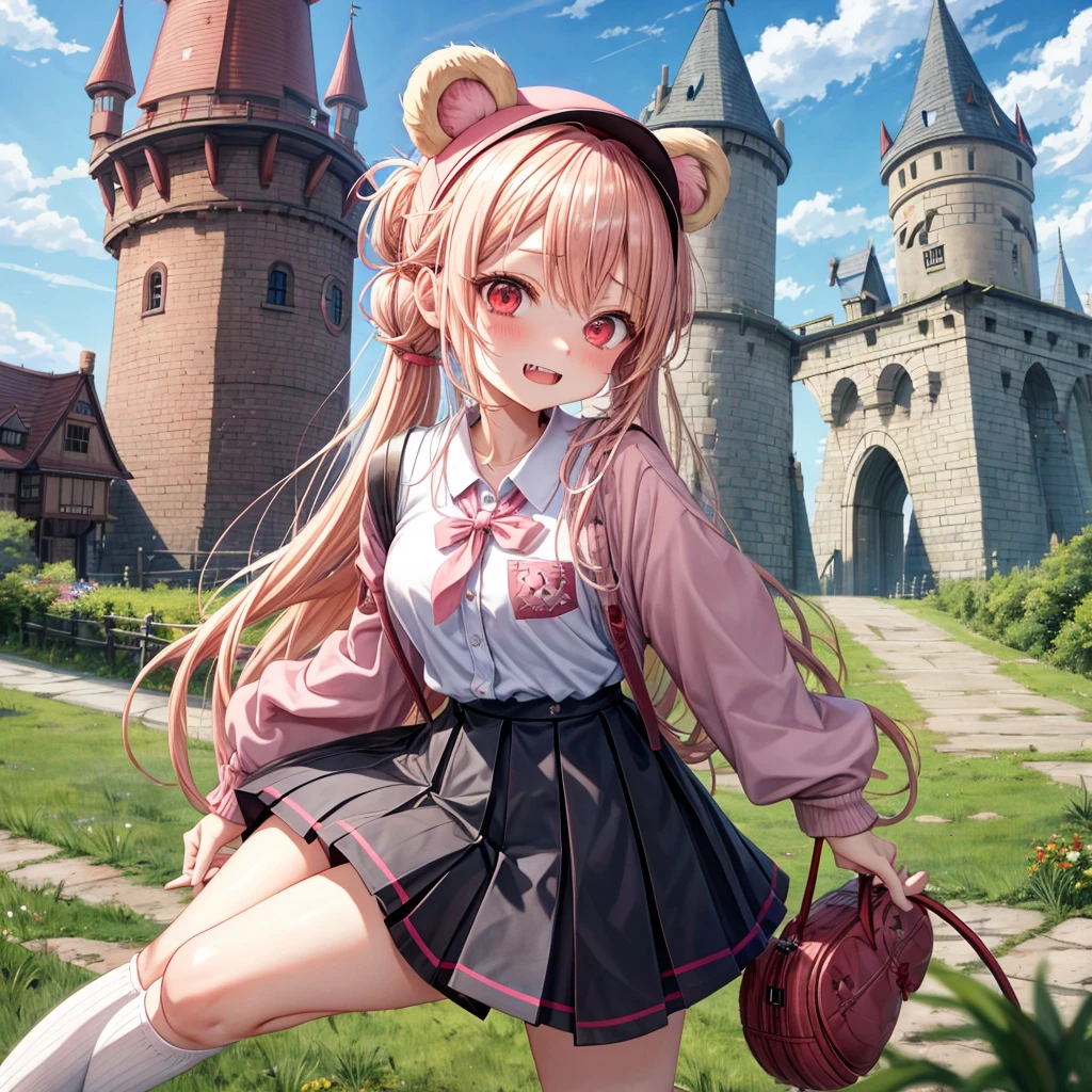 Pink Blonde、Red eyes、Hair tied up、Two cute、Checked mini skirt、black t-shirts、cardigan、Knee-high socks、bear ears baseball cap、Teeth are visible、Monster Castle、Tilting face、crossing the bridge、hazakura、windmill、grass、Stones are growing out of the ground.、impregnable