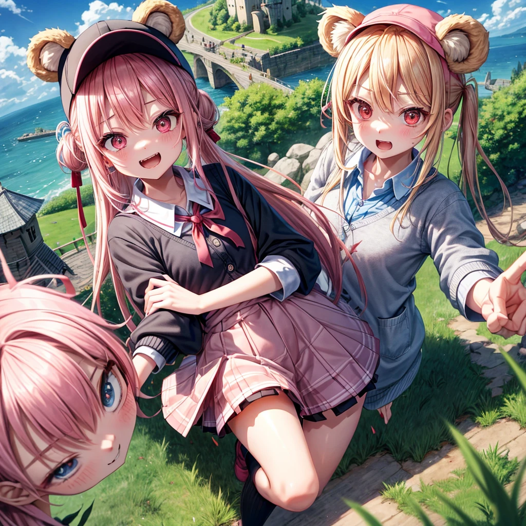 Pink Blonde、Red eyes、Hair 、Two cute、Checked mini skirt、black t-shirts、cardigan、Knee-high socks、bear ears baseball cap、Teeth are visible、Monster Castle、Tilting face、crossing the bridge、hazakura、windmill、grass、Stones are growing out of the ground.、impregnable