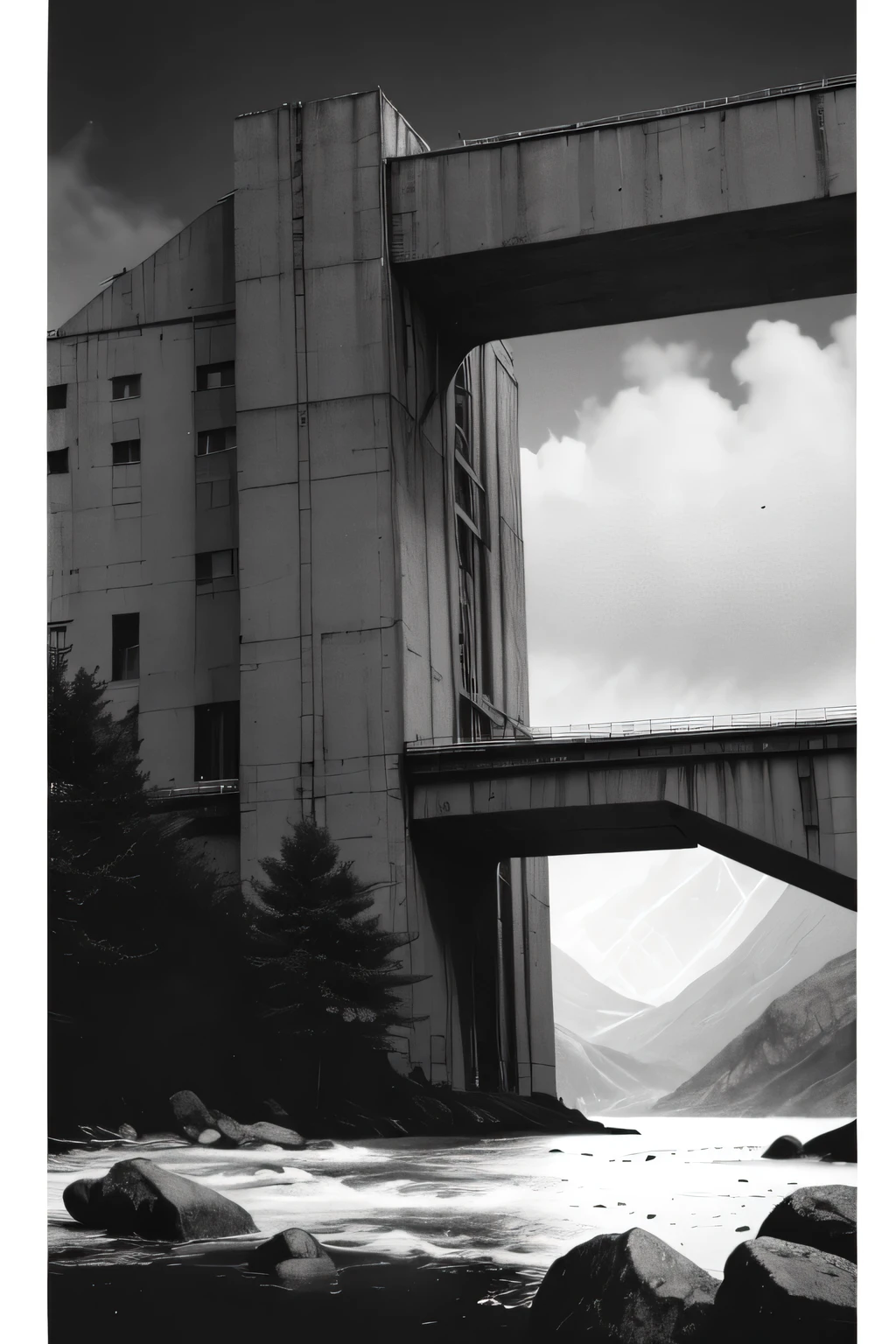 Side view of an imposing giant bridge of brutalist stone going across an imense of darkness, faint rain, black and white, dark background