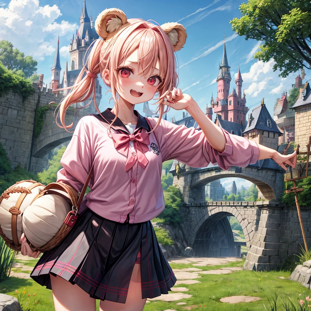 Pink Blonde、Red eyes、Hair tied up、Two cute、Checked mini skirt、black t-shirts、cardigan、Knee-high socks、bear ears baseball cap、Teeth are visible、Monster Castle、Tilting face、crossing the bridge、hazakura、windmill、grass、Stones are growing out of the ground.、impregnable