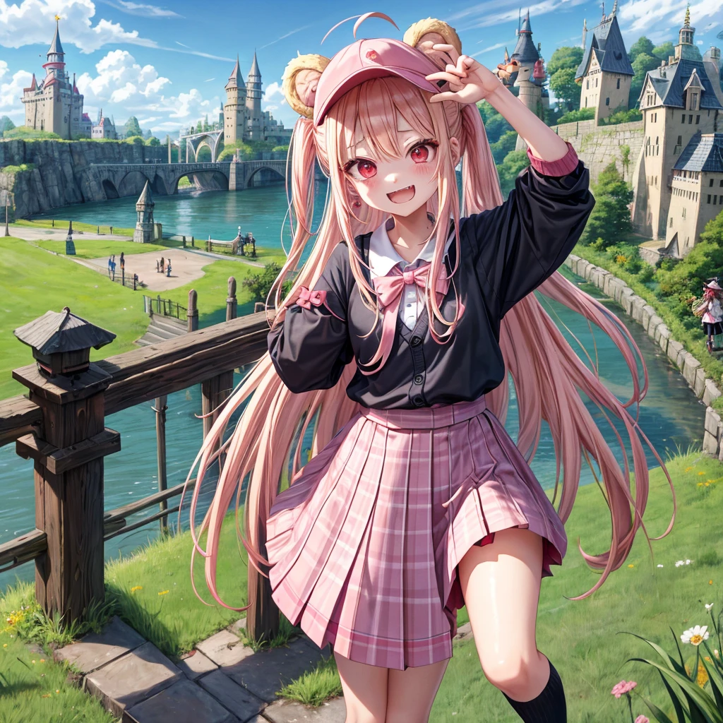 Pink Blonde、Red eyes、Hair tied up、Two cute、Checked mini skirt、black t-shirts、cardigan、Knee-high socks、bear ears baseball cap、Teeth are visible、Monster Castle、Tilting face、crossing the bridge、hazakura、windmill、grass、Stones are growing out of the ground.、impregnable