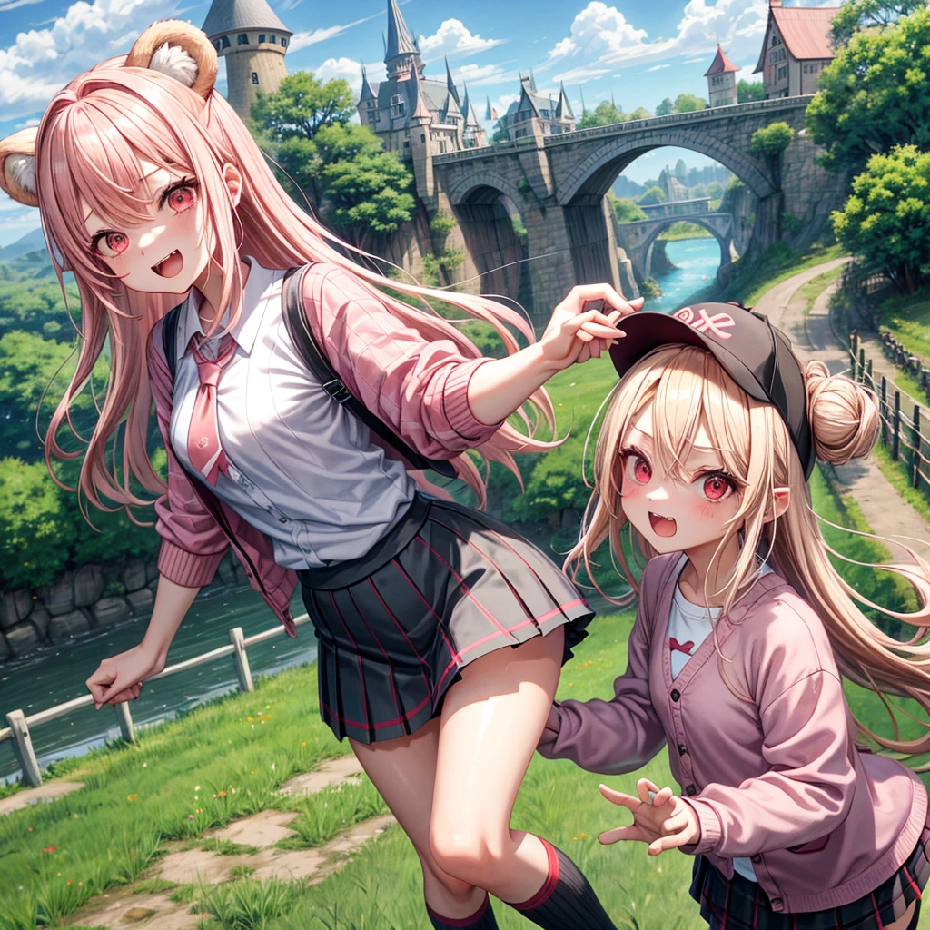 Pink Blonde、Red eyes、Hair tied up、Two cute、Checked mini skirt、black t-shirts、cardigan、Knee-high socks、bear ears baseball cap、Teeth are visible、Monster Castle、Tilting face、crossing the bridge、hazakura、windmill、grass、Stones are growing out of the ground.、impregnable
