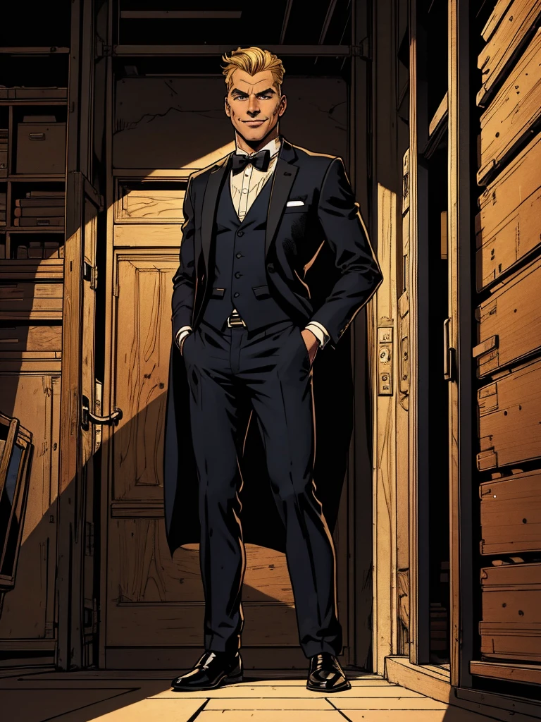 Caucasian male, 45 years old, (blond hair, short parting to the left, quiff style), square face, blue eyes, Roman nose, clean shaven, ((penetrating gaze, sinister smile)), mesomorph, fit, tall, ((wearing a suit, black with a black Slim bow tie)), (in a warehouse), (((draw entire body down to feet))), vanishing point, chiaroscuro, UHD, retina, masterpiece, accurate, anatomically correct, textured skin, super detail, high details, high quality, best quality, best quality, highres