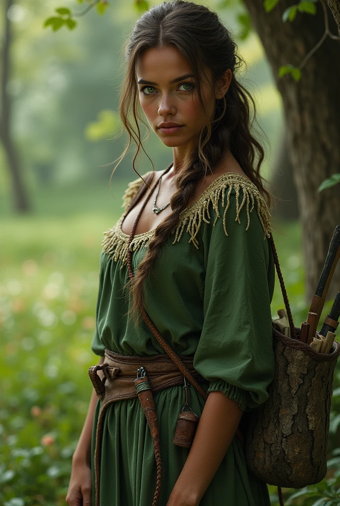 Female Druid Character, Brown skin and light brown hair with light streaks, a green eye. Has a strong connection with nature. Wear a medieval peasant dress , Has a belt where she carries her weapons made of recycled materials she finds,  Carries a bag made of tree bark.