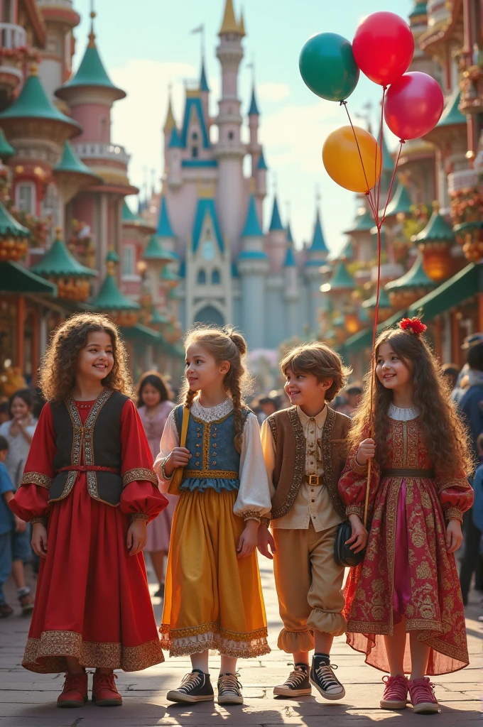 Children and teenagers dressed and set in the Renaissance period playing in a colorful Disney park holding balloons and playing on the rides. Children should be wearing Converse sneakers